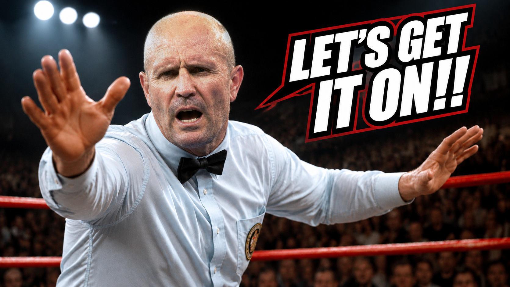 Mills Lane energetically shouting Let’s get it on in a boxing ring